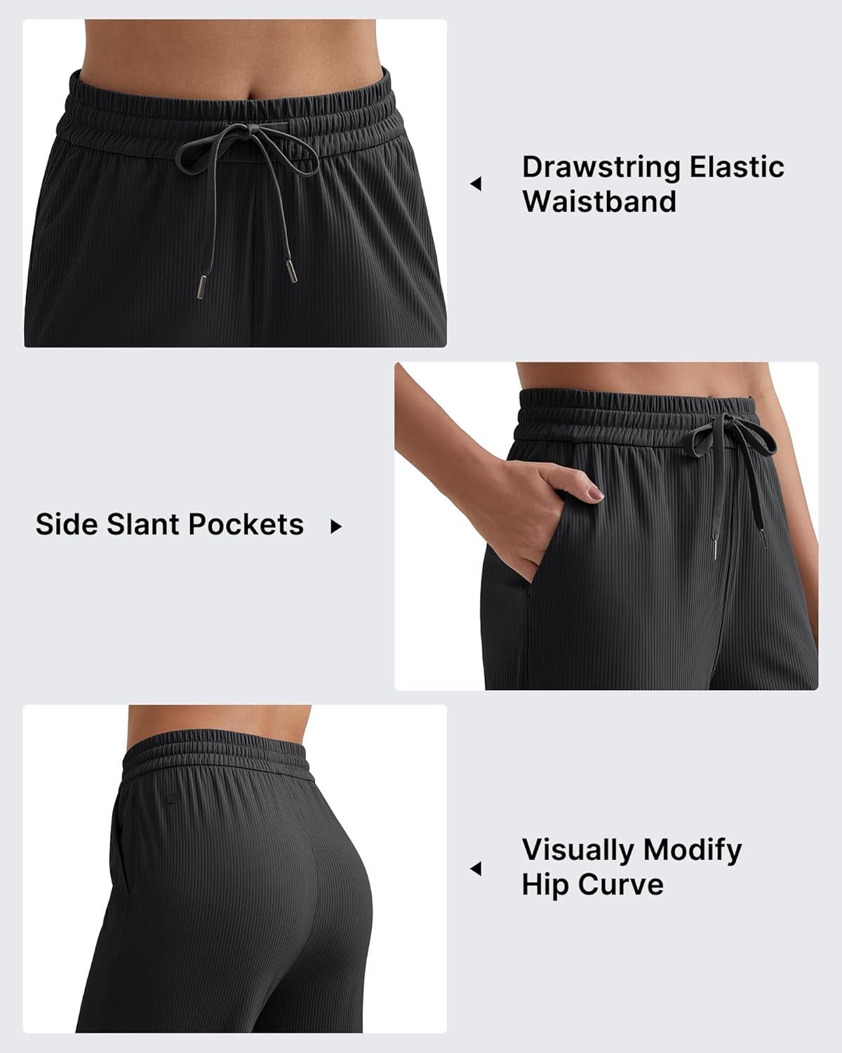 imageG4Free Ribbed Wide Leg Yoga Pants for Women with Pockets Drawstring High Waist Casual Lounge Pants PetiteRegularTallBlack