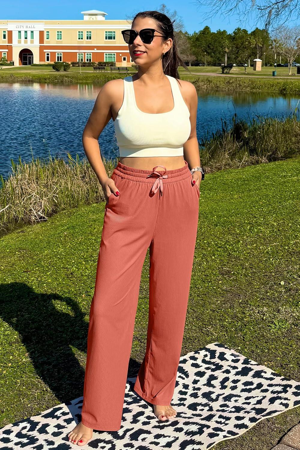 imageG4Free Ribbed Wide Leg Yoga Pants for Women with Pockets Drawstring High Waist Casual Lounge Pants PetiteRegularTallBurnt Orange