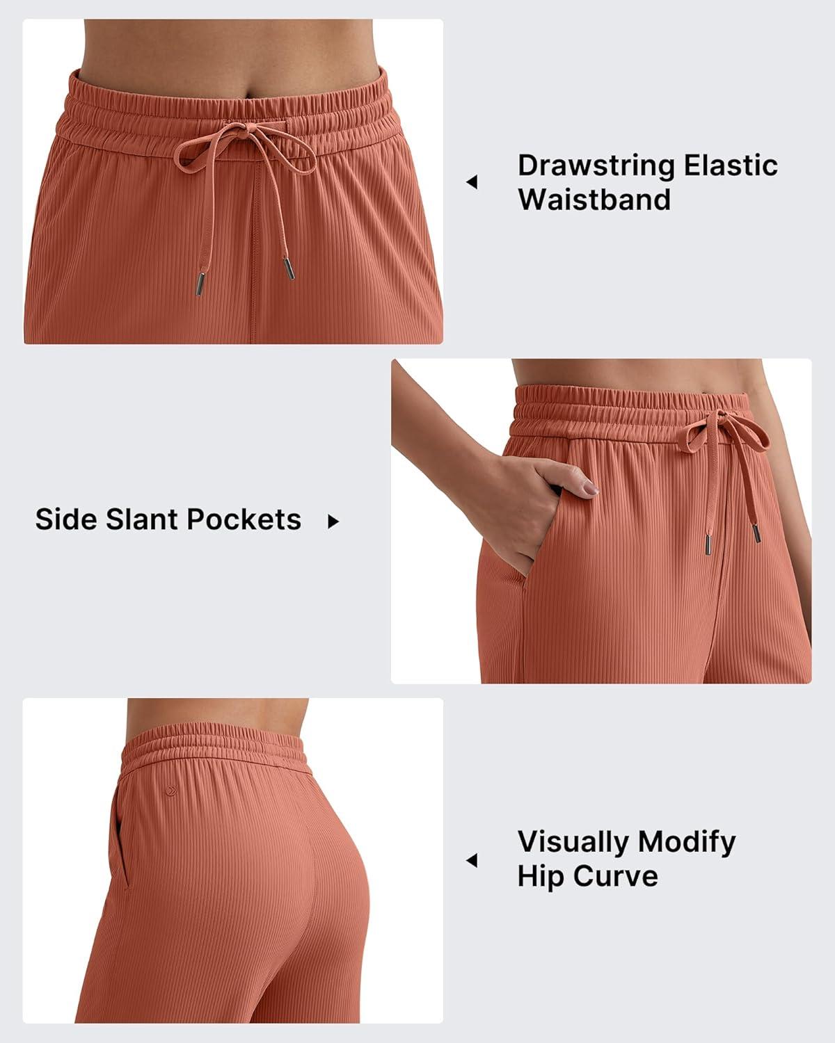 imageG4Free Ribbed Wide Leg Yoga Pants for Women with Pockets Drawstring High Waist Casual Lounge Pants PetiteRegularTallBurnt Orange