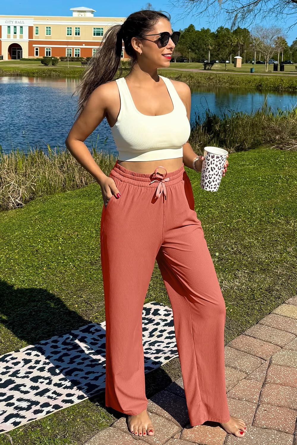 imageG4Free Ribbed Wide Leg Yoga Pants for Women with Pockets Drawstring High Waist Casual Lounge Pants PetiteRegularTallBurnt Orange