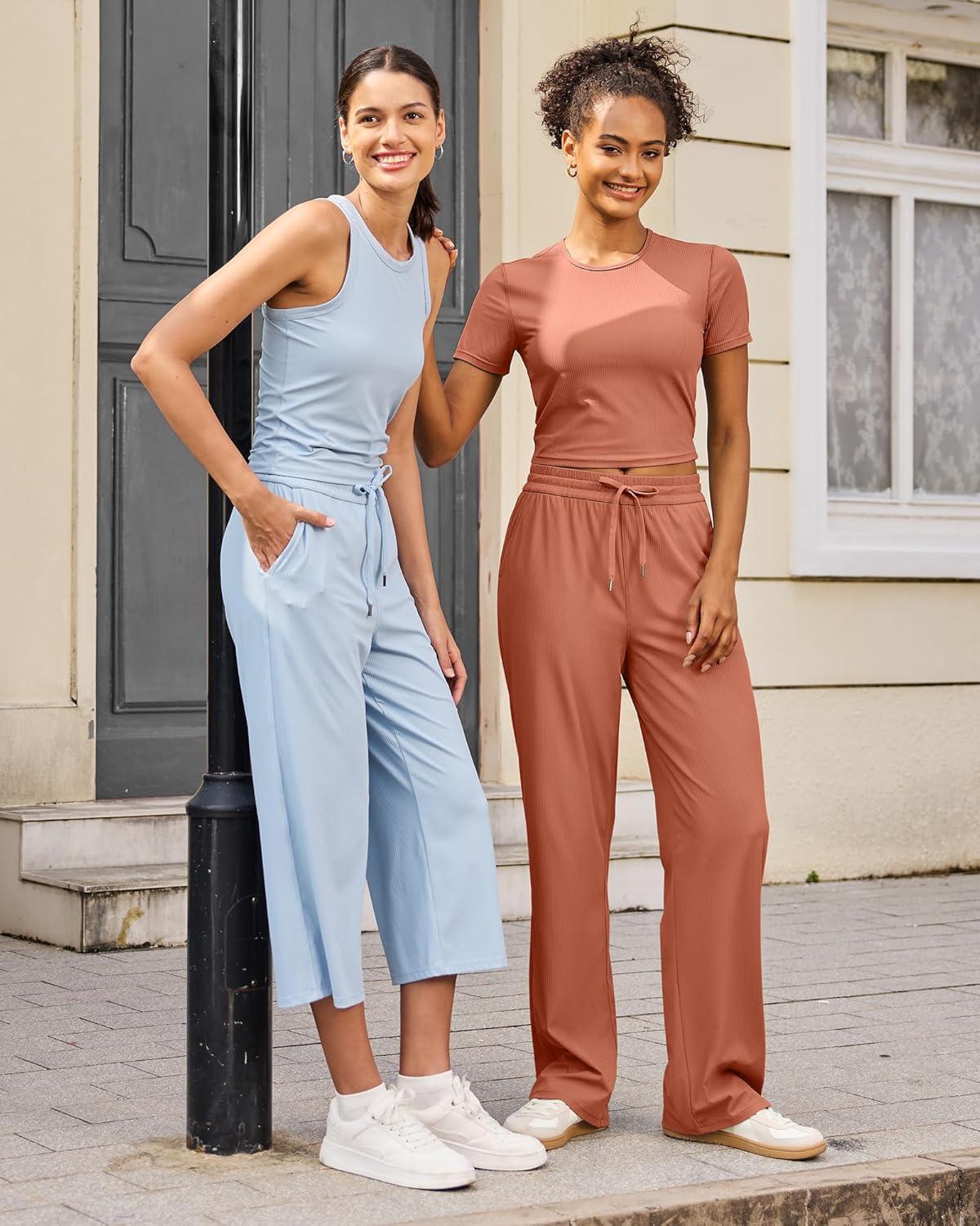 imageG4Free Ribbed Wide Leg Yoga Pants for Women with Pockets Drawstring High Waist Casual Lounge Pants PetiteRegularTallBurnt Orange