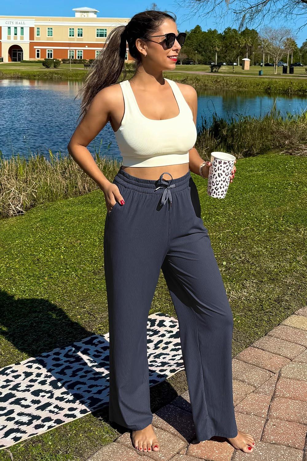 imageG4Free Ribbed Wide Leg Yoga Pants for Women with Pockets Drawstring High Waist Casual Lounge Pants PetiteRegularTallDark Navy