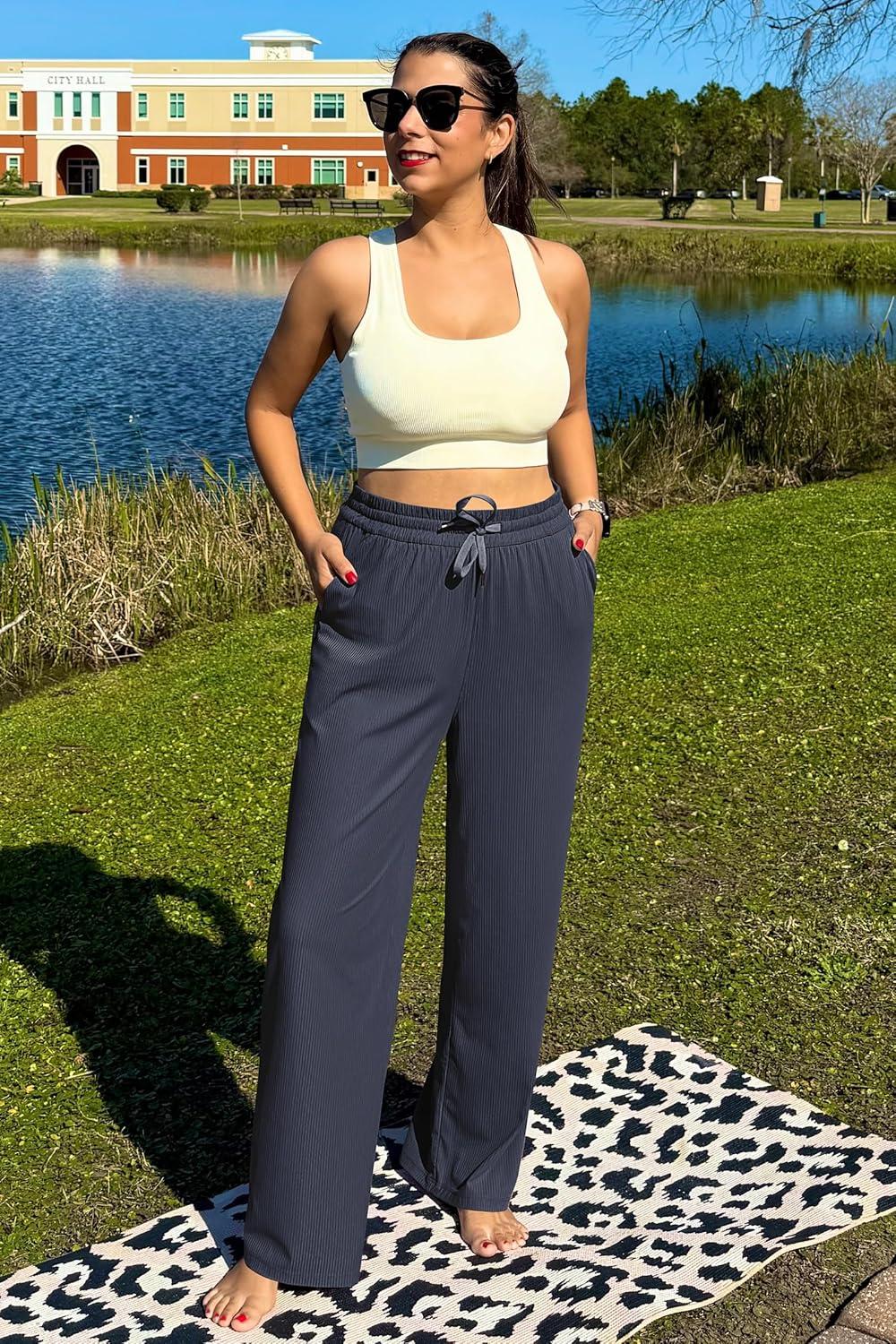 imageG4Free Ribbed Wide Leg Yoga Pants for Women with Pockets Drawstring High Waist Casual Lounge Pants PetiteRegularTallDark Navy
