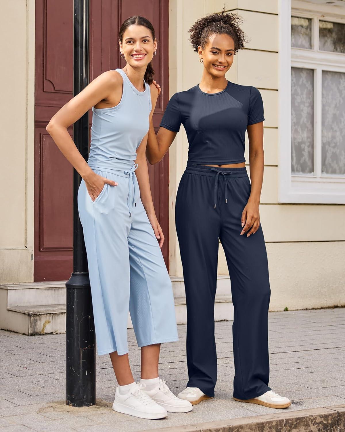 imageG4Free Ribbed Wide Leg Yoga Pants for Women with Pockets Drawstring High Waist Casual Lounge Pants PetiteRegularTallDark Navy