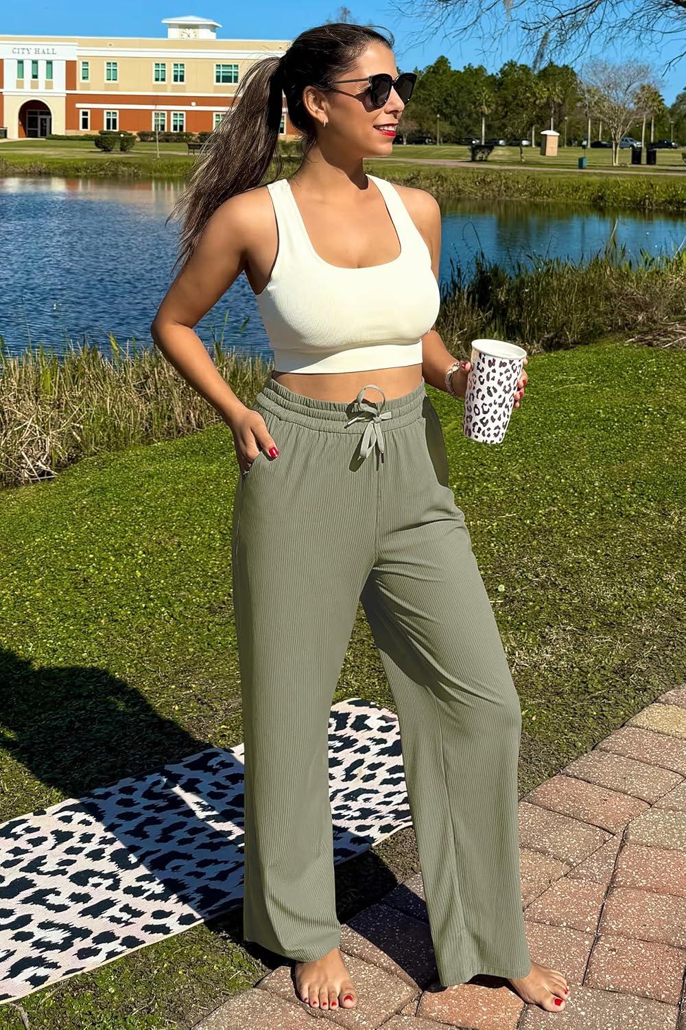 imageG4Free Ribbed Wide Leg Yoga Pants for Women with Pockets Drawstring High Waist Casual Lounge Pants PetiteRegularTallGray Olive