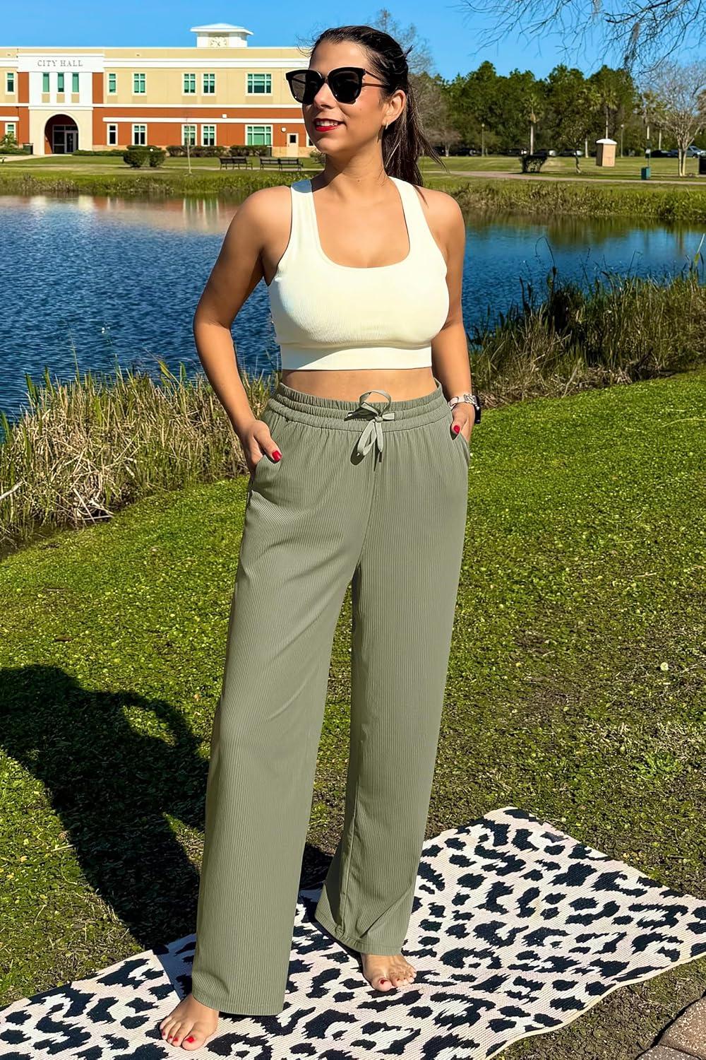imageG4Free Ribbed Wide Leg Yoga Pants for Women with Pockets Drawstring High Waist Casual Lounge Pants PetiteRegularTallGray Olive