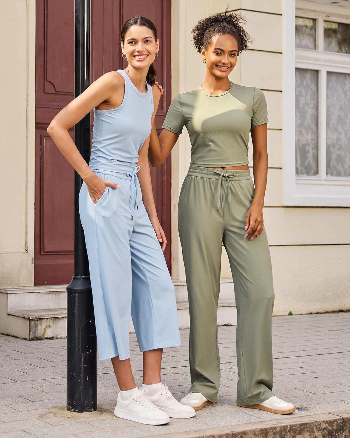 imageG4Free Ribbed Wide Leg Yoga Pants for Women with Pockets Drawstring High Waist Casual Lounge Pants PetiteRegularTallGray Olive
