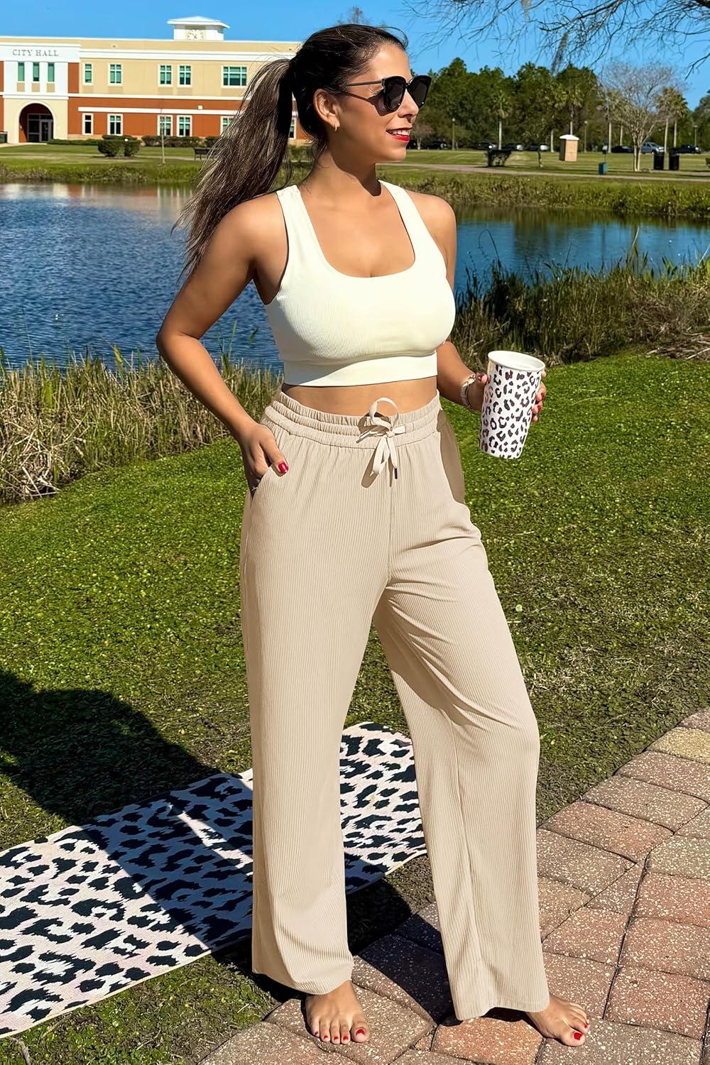 imageG4Free Ribbed Wide Leg Yoga Pants for Women with Pockets Drawstring High Waist Casual Lounge Pants PetiteRegularTallLight Khaki