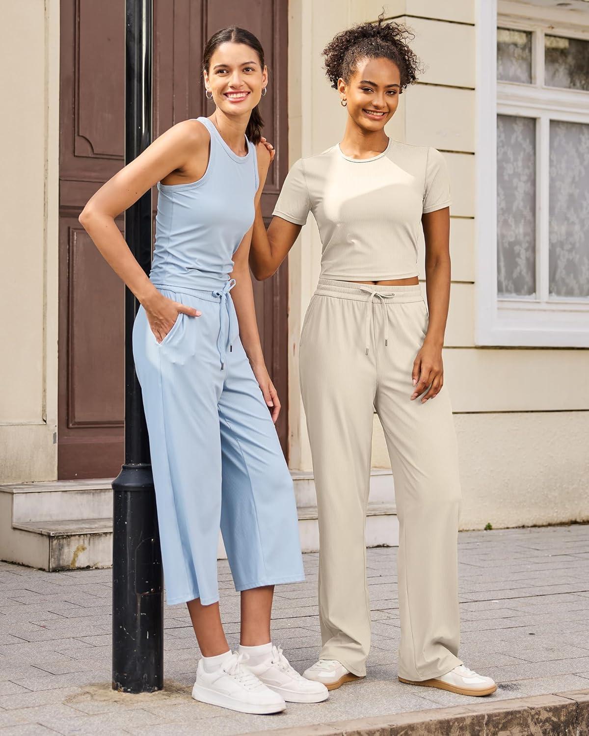 imageG4Free Ribbed Wide Leg Yoga Pants for Women with Pockets Drawstring High Waist Casual Lounge Pants PetiteRegularTallLight Khaki