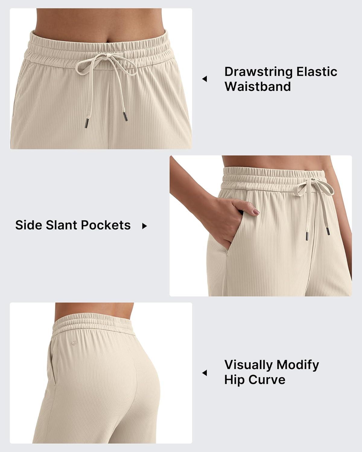 imageG4Free Ribbed Wide Leg Yoga Pants for Women with Pockets Drawstring High Waist Casual Lounge Pants PetiteRegularTallLight Khaki