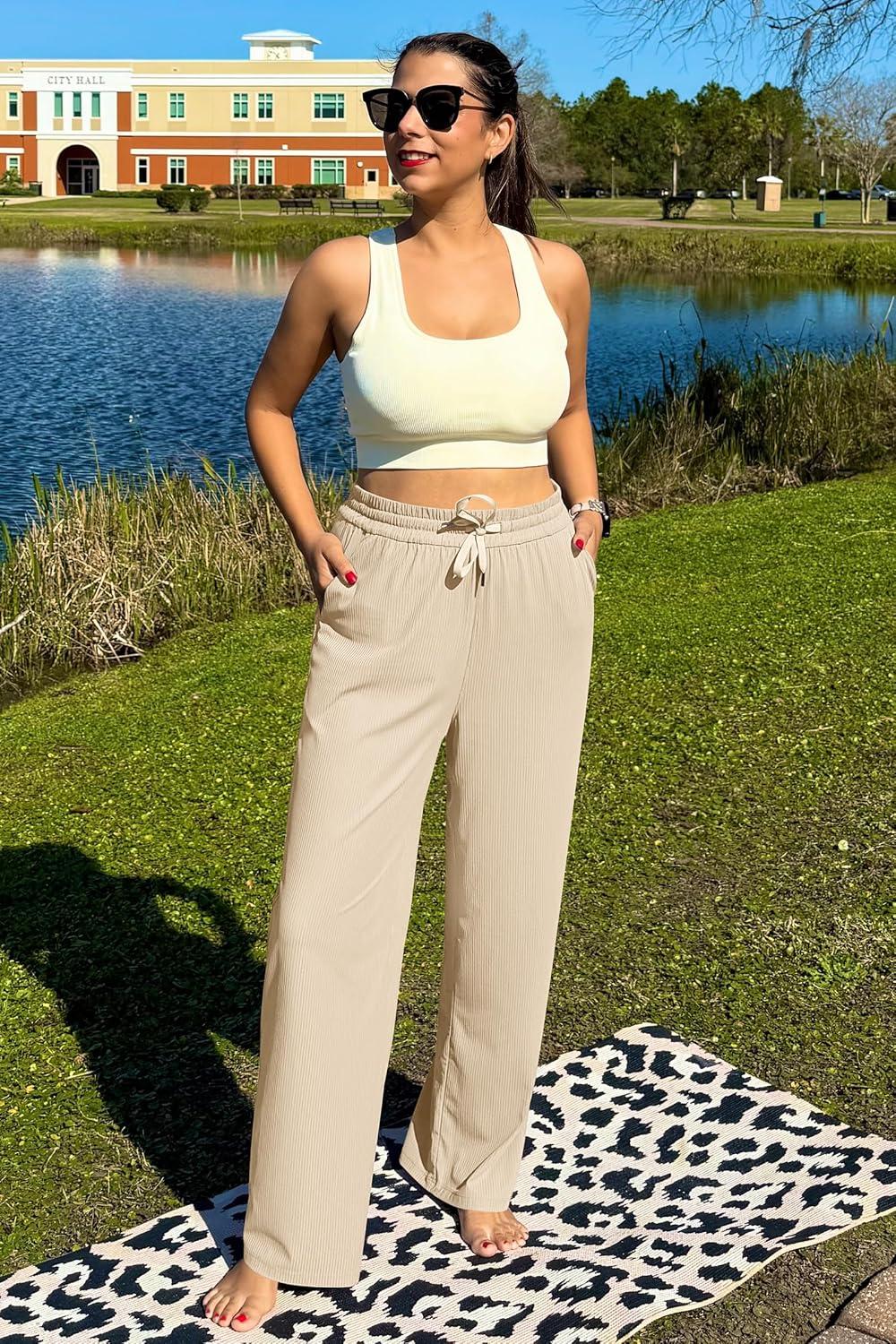 imageG4Free Ribbed Wide Leg Yoga Pants for Women with Pockets Drawstring High Waist Casual Lounge Pants PetiteRegularTallLight Khaki