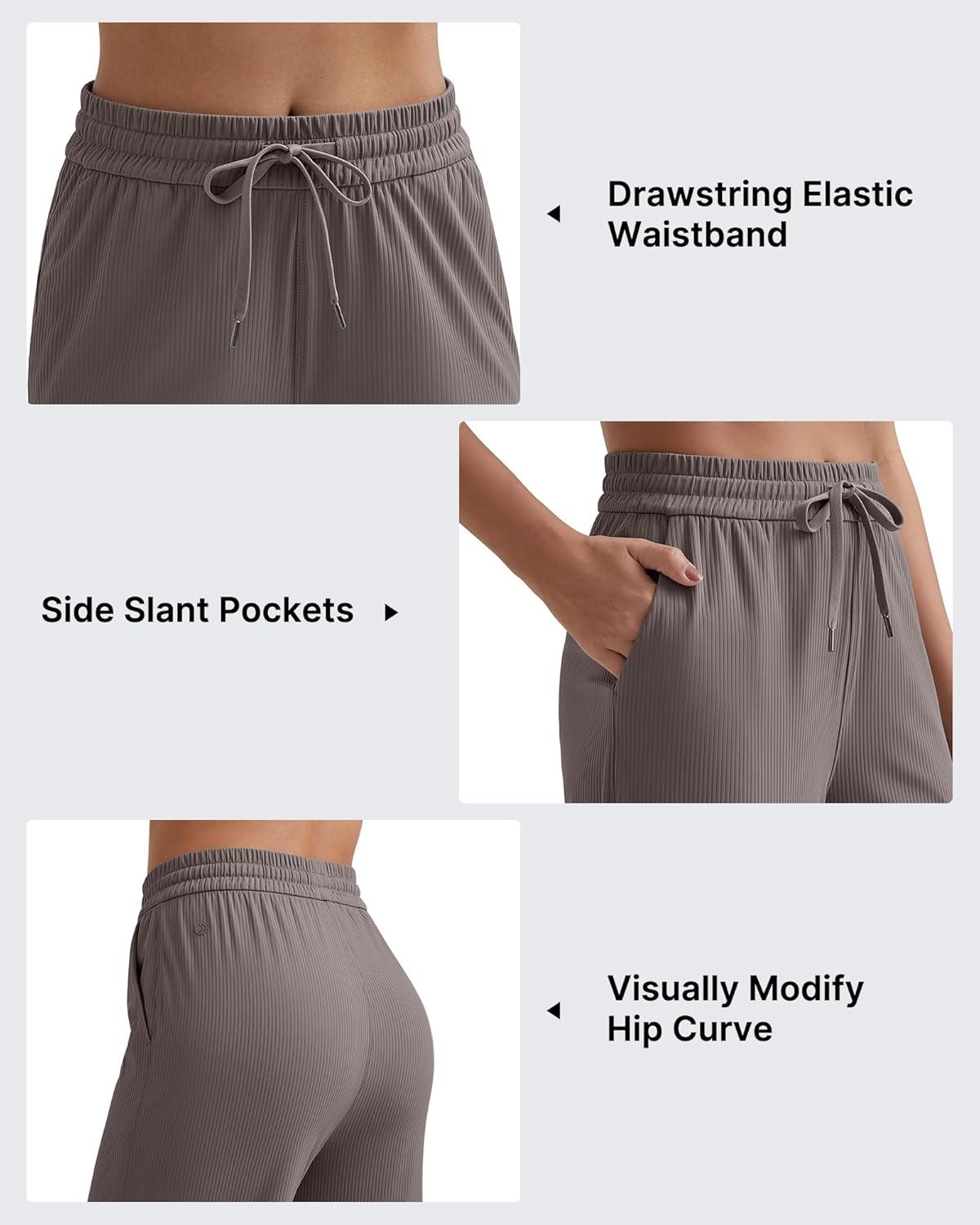 imageG4Free Ribbed Wide Leg Yoga Pants for Women with Pockets Drawstring High Waist Casual Lounge Pants PetiteRegularTallTaupe