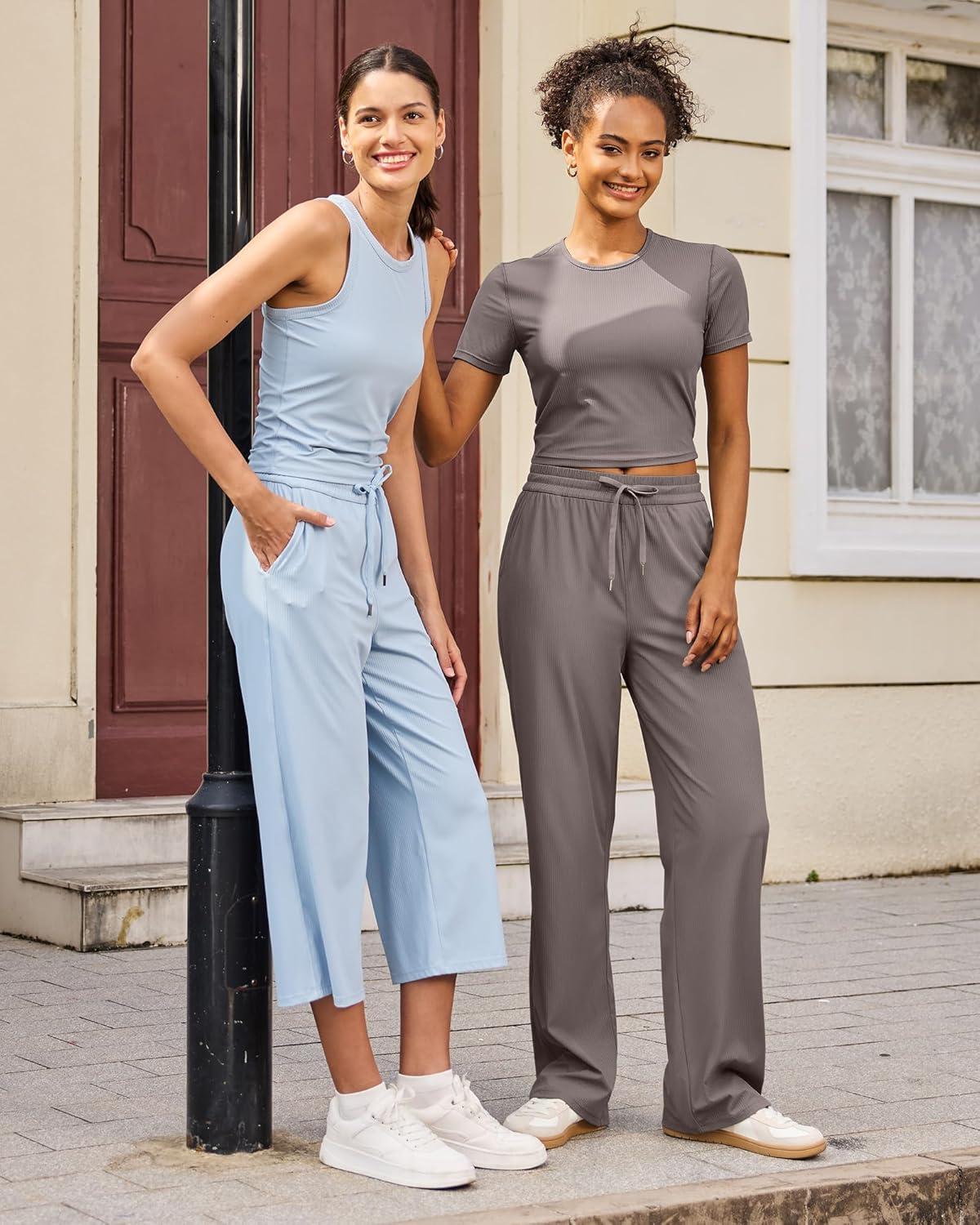 imageG4Free Ribbed Wide Leg Yoga Pants for Women with Pockets Drawstring High Waist Casual Lounge Pants PetiteRegularTallTaupe