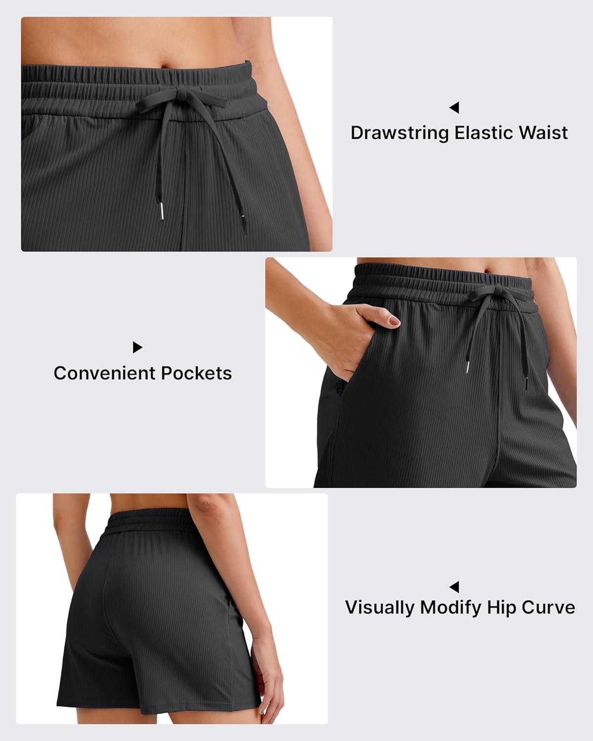 imageG4Free Ribbed Womens Athletic Shorts High Waisted Drawstring Gym Running Shorts with PocketsBlack