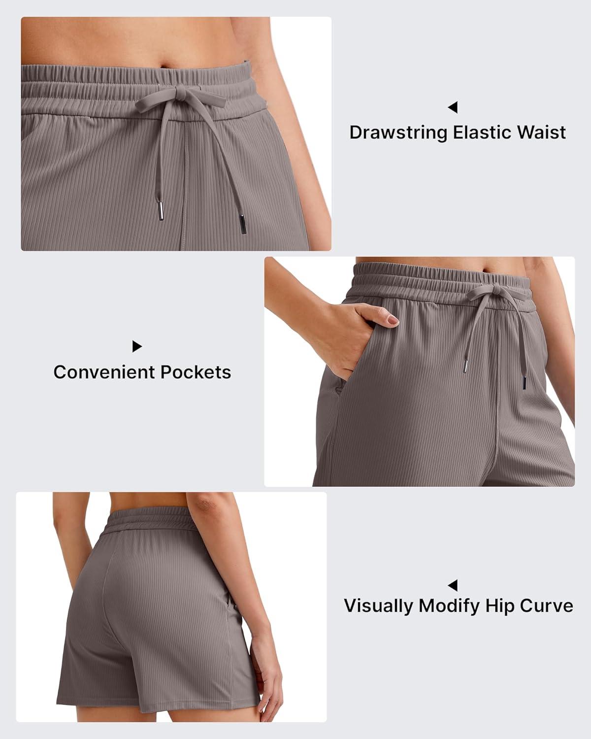 imageG4Free Ribbed Womens Athletic Shorts High Waisted Drawstring Gym Running Shorts with PocketsTaupe
