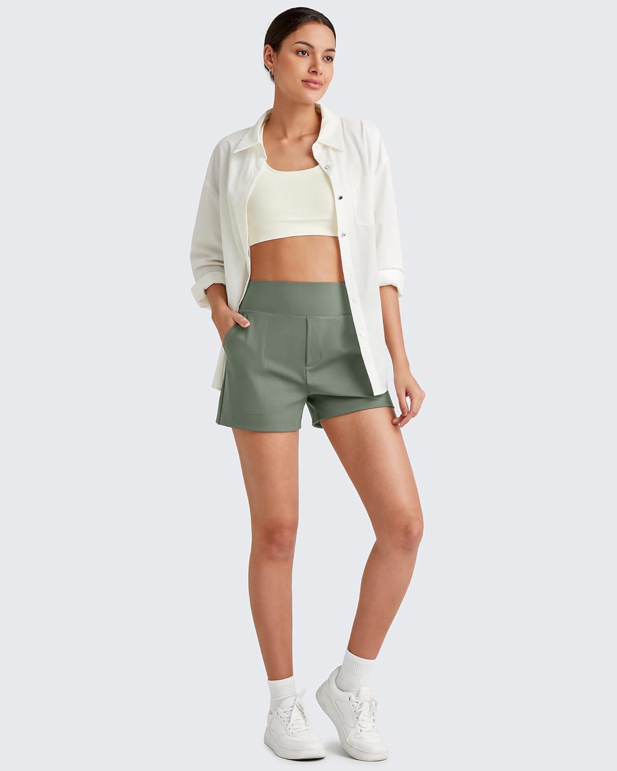imageG4Free ShiftReady Athletic Shorts for Women High Waisted Trouser Shorts Trendy Casual Summer Short with PocketsGray Sage