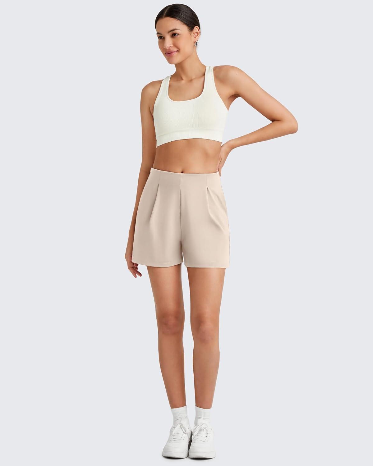 imageG4Free ShiftReady Women Shorts Dressy Casual 2025 Trendy Summer High Waisted Tailored Trouser Shorts with PocketsLight Khaki