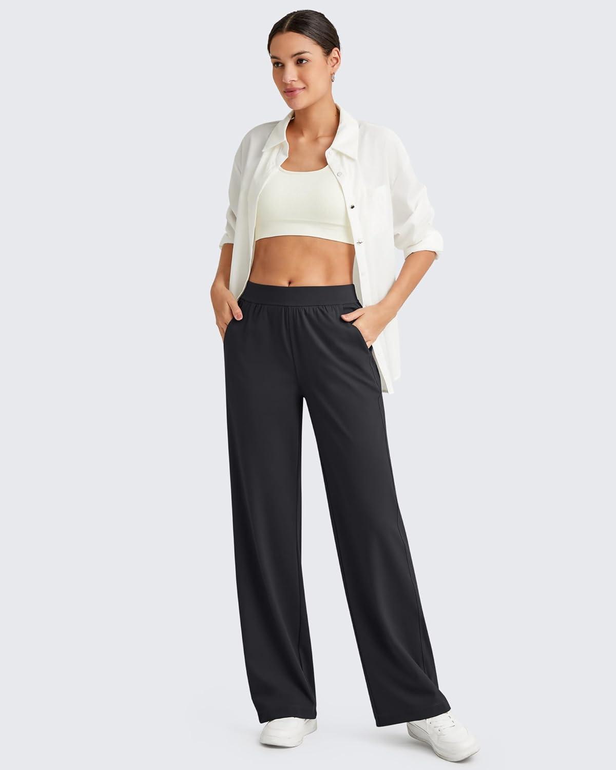 imageG4Free ShiftReady Women Trousers Yoga Pants with Pockets Wide Leg Stretchy Dress Pant Work Slack PetiteRegularTallBlack