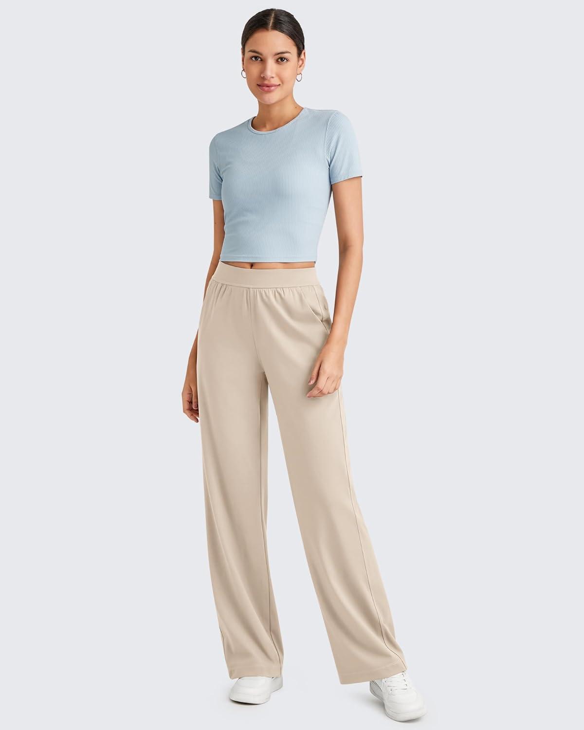 imageG4Free ShiftReady Women Trousers Yoga Pants with Pockets Wide Leg Stretchy Dress Pant Work Slack PetiteRegularTallLight Khaki