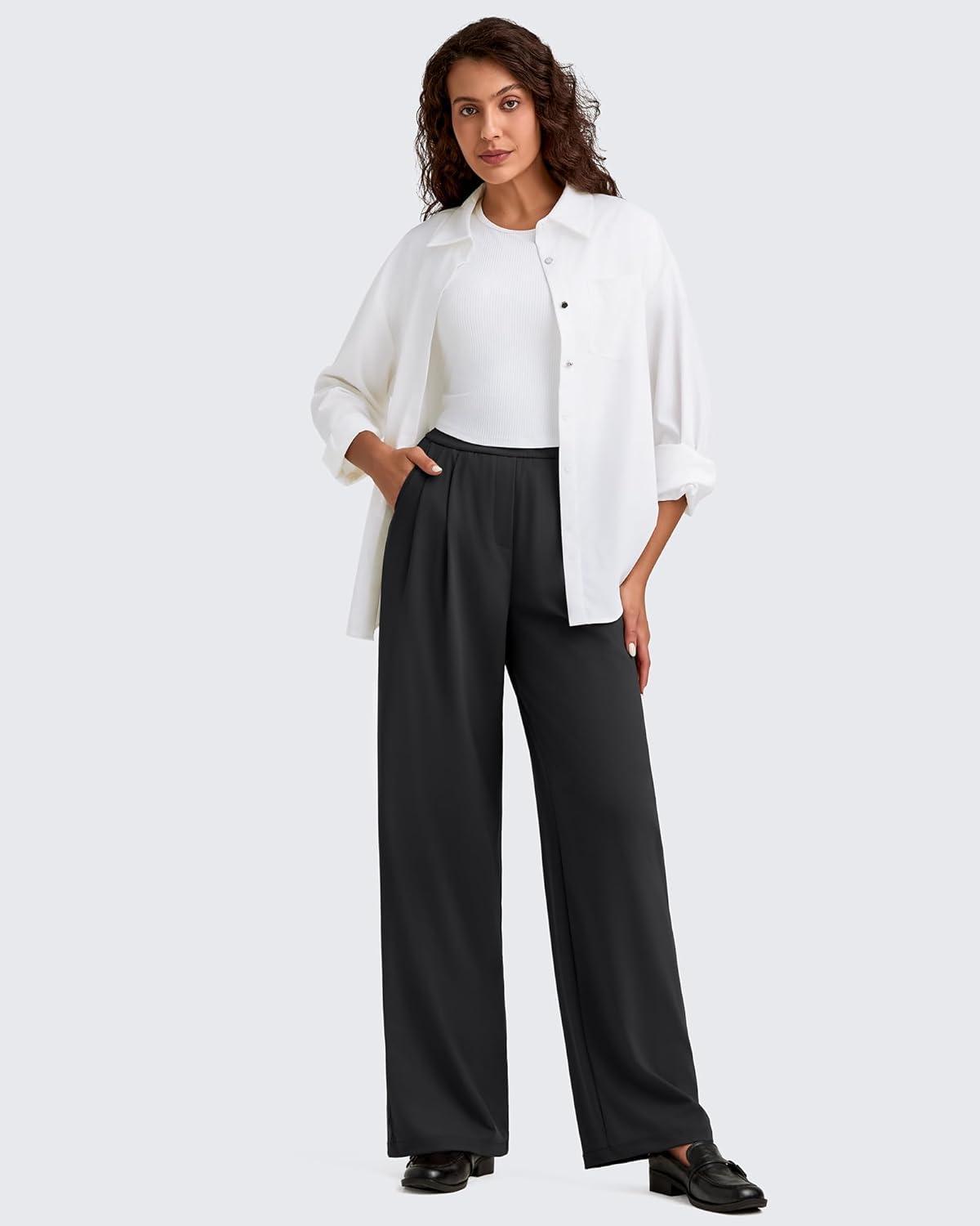 imageG4Free ShiftReady Women Wide Leg Dress Yoga Pant with Pockets Front Pleated Loose Lounge Slack Dressy Casual Travel TrousersBlack
