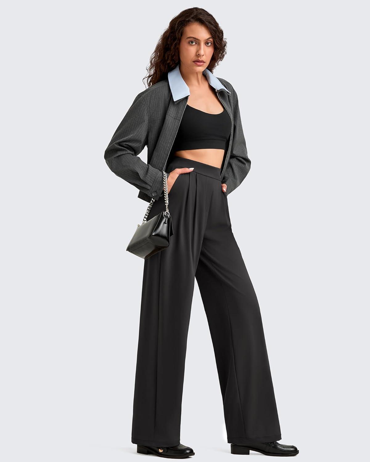 imageG4Free ShiftReady Women Wide Leg Dress Yoga Pant with Pockets Front Pleated Loose Lounge Slack Dressy Casual Travel TrousersBlack