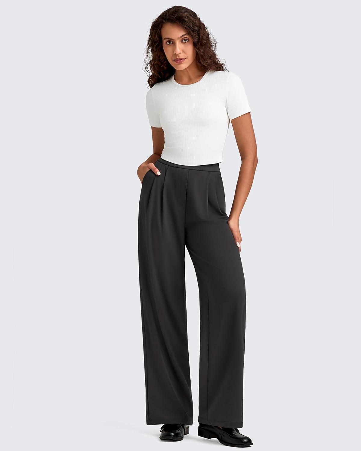 imageG4Free ShiftReady Women Wide Leg Dress Yoga Pant with Pockets Front Pleated Loose Lounge Slack Dressy Casual Travel TrousersBlack