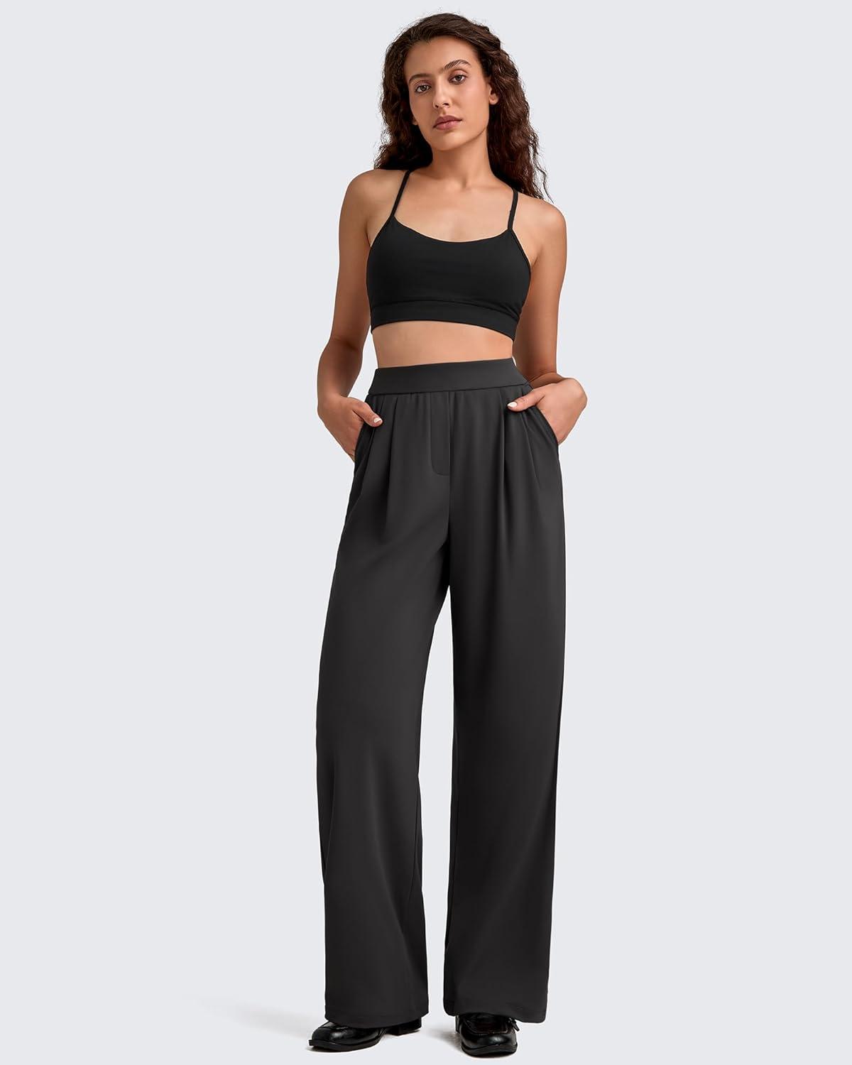 imageG4Free ShiftReady Women Wide Leg Dress Yoga Pant with Pockets Front Pleated Loose Lounge Slack Dressy Casual Travel TrousersBlack