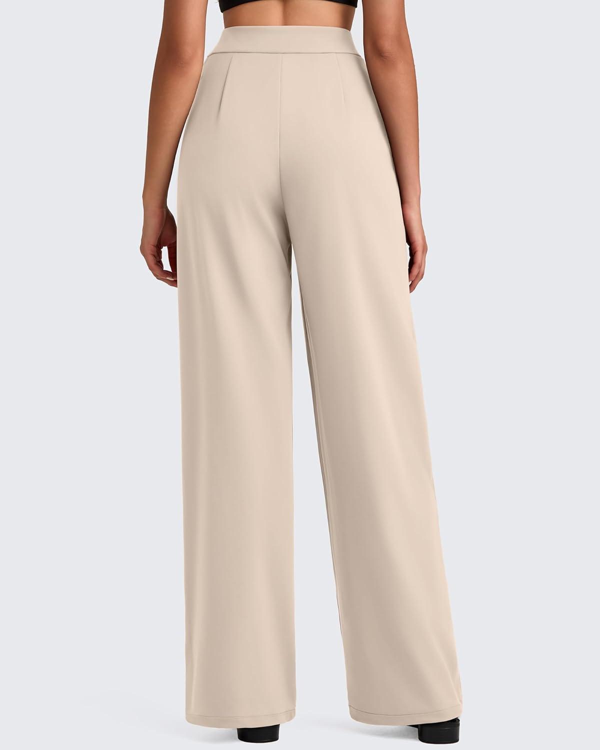 imageG4Free ShiftReady Women Wide Leg Dress Yoga Pant with Pockets Front Pleated Loose Lounge Slack Dressy Casual Travel TrousersLight Khaki