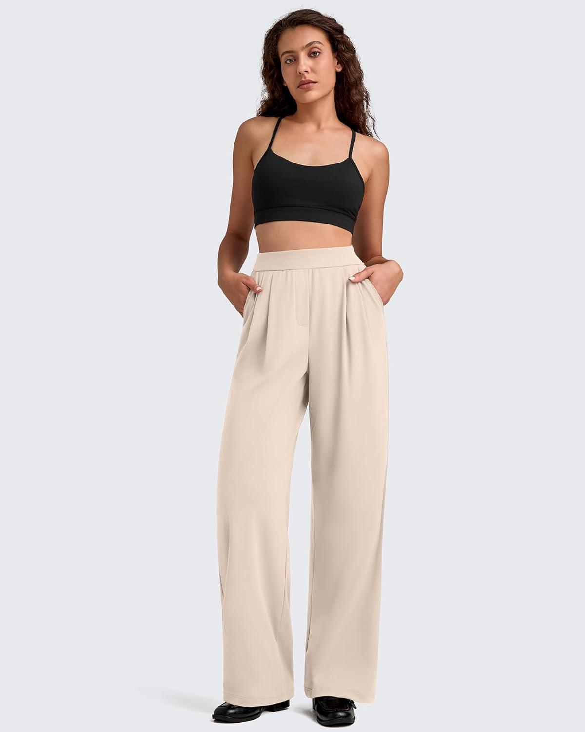 imageG4Free ShiftReady Women Wide Leg Dress Yoga Pant with Pockets Front Pleated Loose Lounge Slack Dressy Casual Travel TrousersLight Khaki