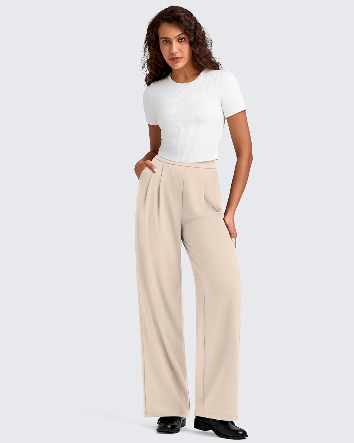 imageG4Free ShiftReady Women Wide Leg Dress Yoga Pant with Pockets Front Pleated Loose Lounge Slack Dressy Casual Travel TrousersLight Khaki
