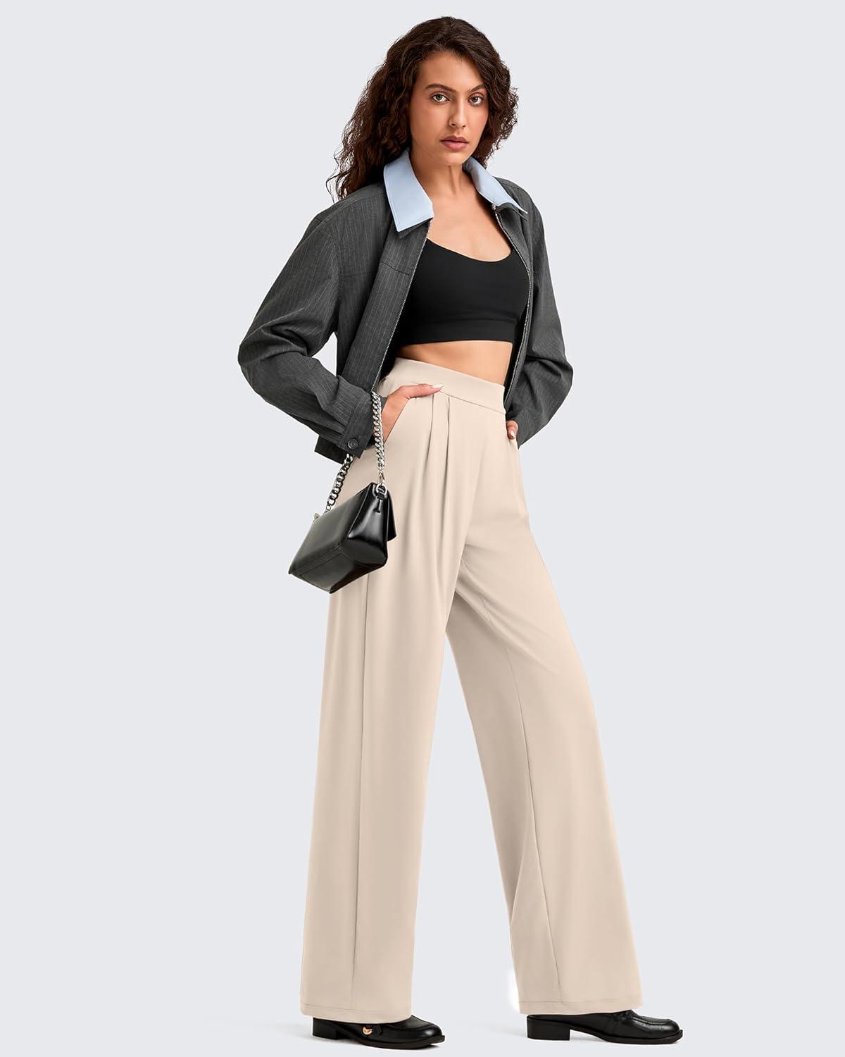 imageG4Free ShiftReady Women Wide Leg Dress Yoga Pant with Pockets Front Pleated Loose Lounge Slack Dressy Casual Travel TrousersLight Khaki