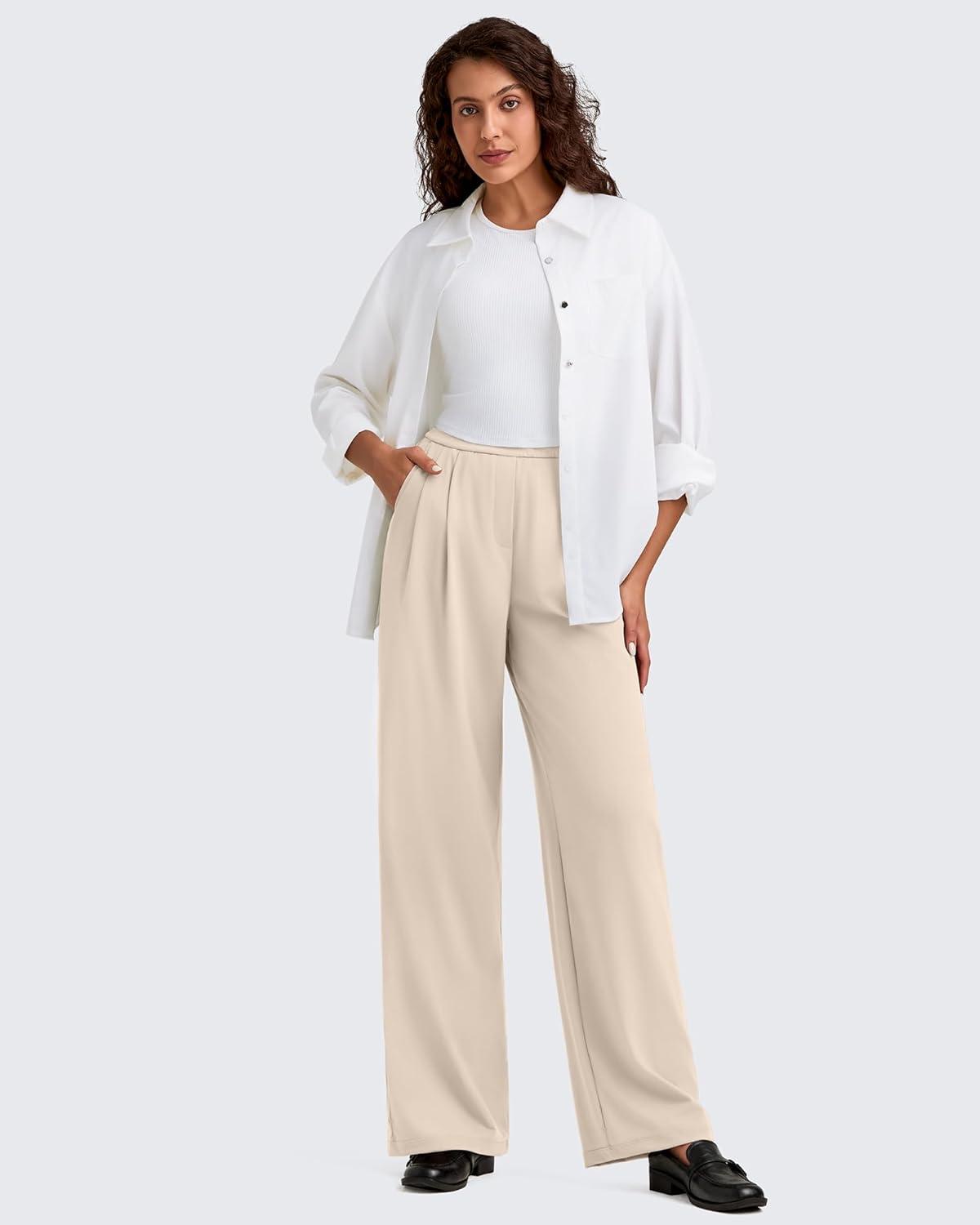 imageG4Free ShiftReady Women Wide Leg Dress Yoga Pant with Pockets Front Pleated Loose Lounge Slack Dressy Casual Travel TrousersLight Khaki