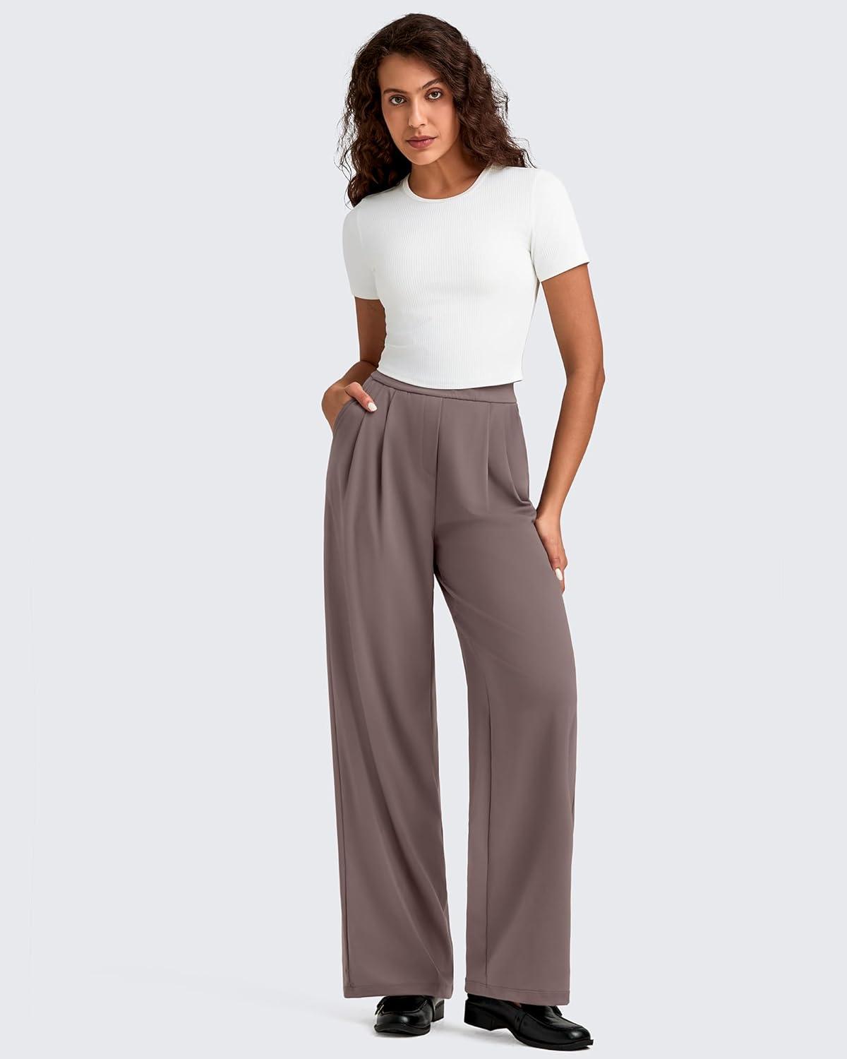imageG4Free ShiftReady Women Wide Leg Dress Yoga Pant with Pockets Front Pleated Loose Lounge Slack Dressy Casual Travel TrousersTaupe