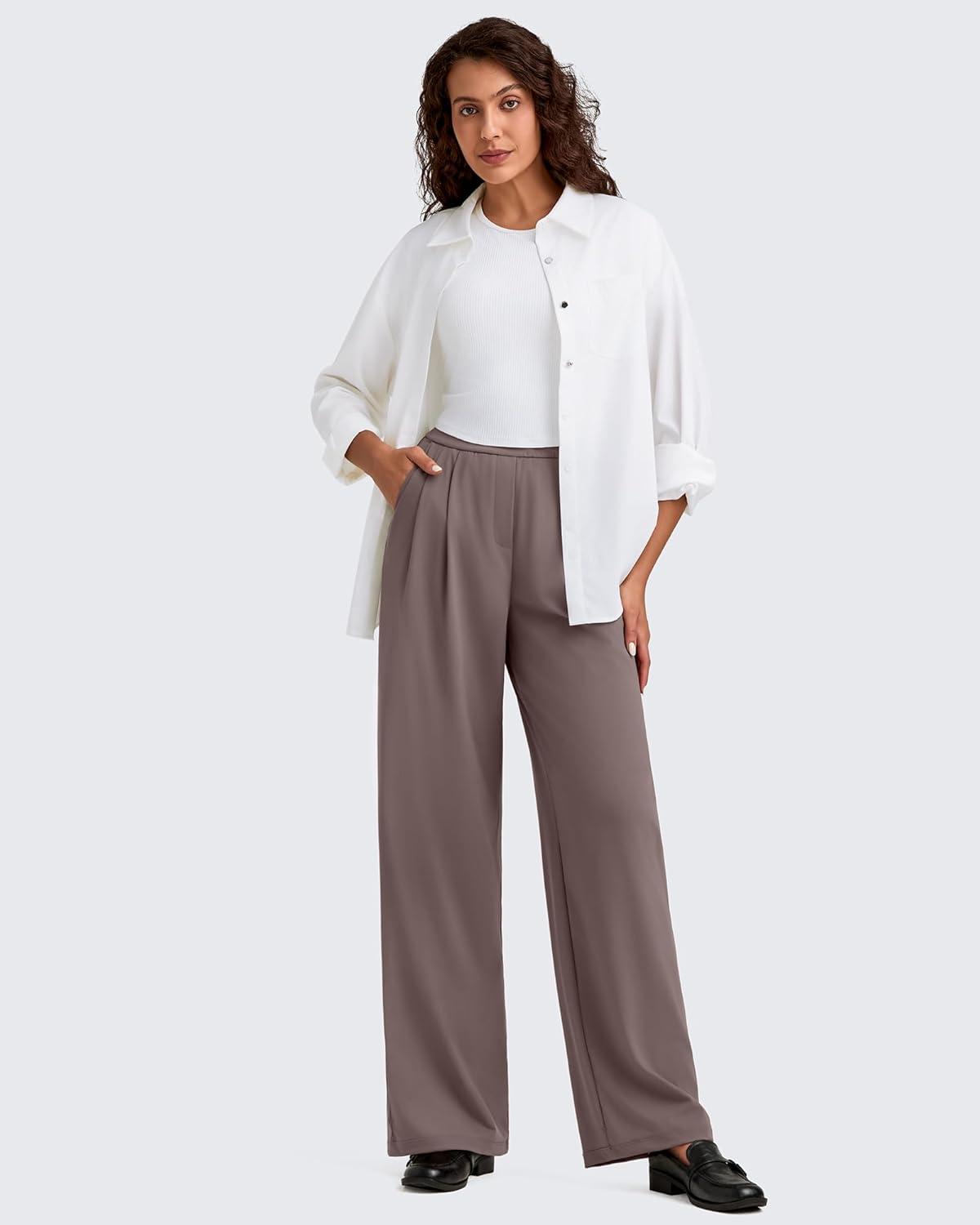 imageG4Free ShiftReady Women Wide Leg Dress Yoga Pant with Pockets Front Pleated Loose Lounge Slack Dressy Casual Travel TrousersTaupe