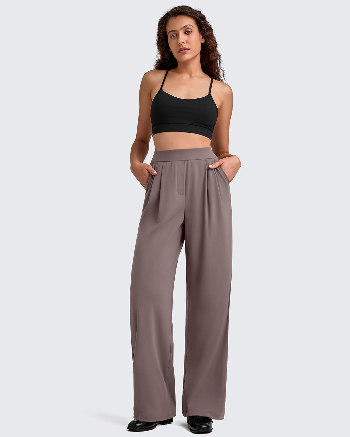 imageG4Free ShiftReady Women Wide Leg Dress Yoga Pant with Pockets Front Pleated Loose Lounge Slack Dressy Casual Travel TrousersTaupe