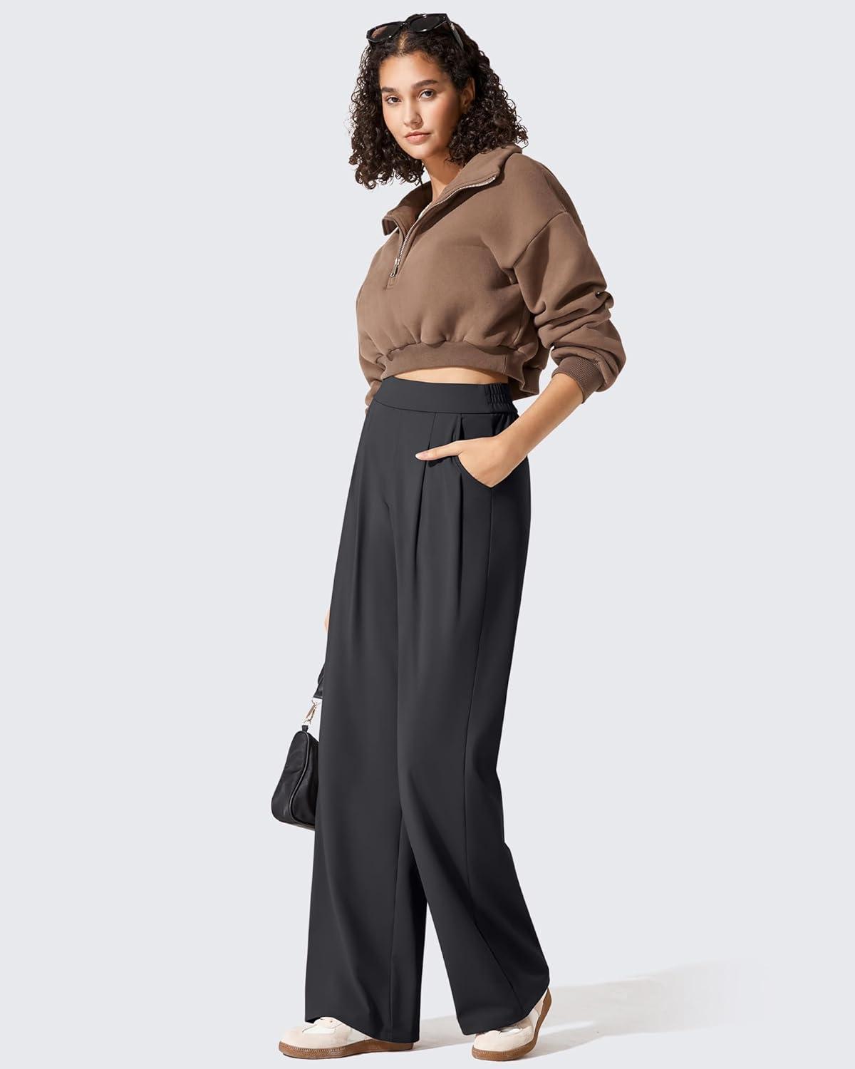 imageG4Free ShiftReady Womens Wide Leg Dress Yoga Pants with Pockets Two Front Pleated Casual Slack High Waist Work TrousersBlack
