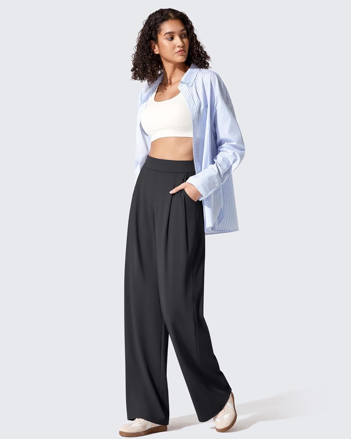 imageG4Free ShiftReady Womens Wide Leg Dress Yoga Pants with Pockets Two Front Pleated Casual Slack High Waist Work TrousersBlack