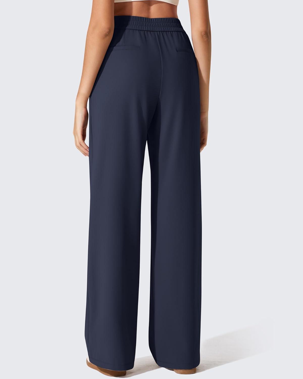 imageG4Free ShiftReady Womens Wide Leg Dress Yoga Pants with Pockets Two Front Pleated Casual Slack High Waist Work TrousersDark Navy