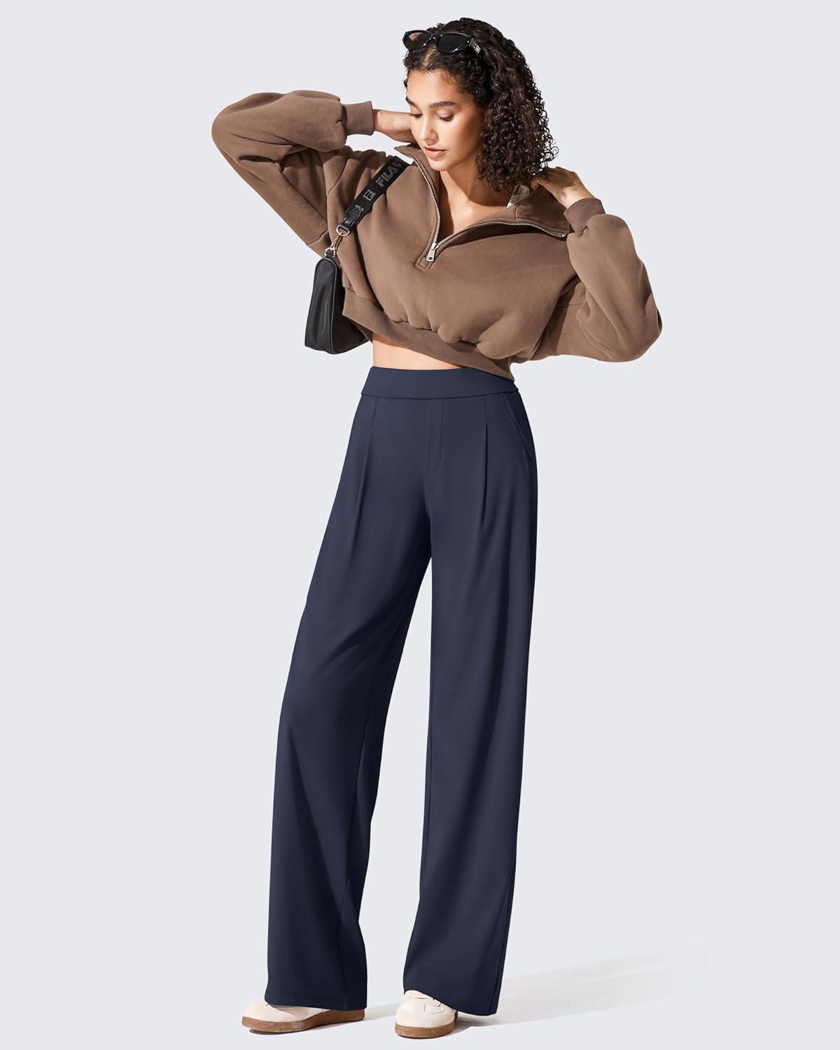 imageG4Free ShiftReady Womens Wide Leg Dress Yoga Pants with Pockets Two Front Pleated Casual Slack High Waist Work TrousersDark Navy