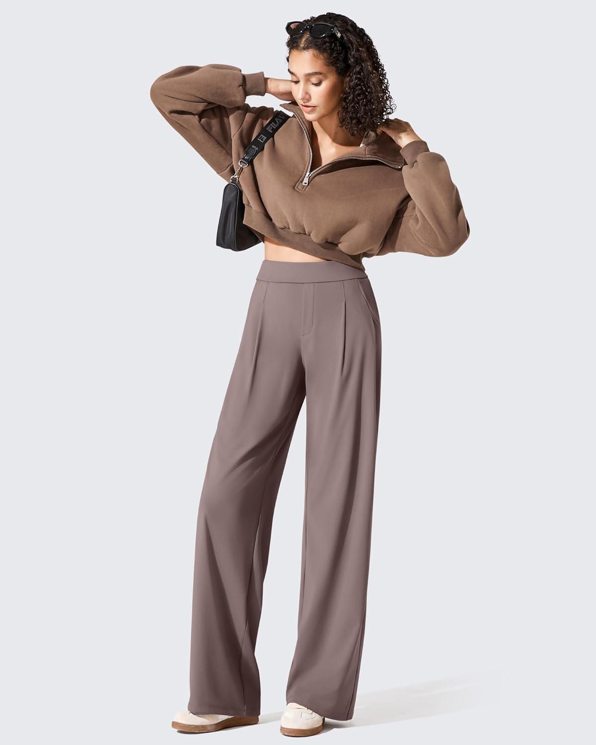 imageG4Free ShiftReady Womens Wide Leg Dress Yoga Pants with Pockets Two Front Pleated Casual Slack High Waist Work TrousersTaupe