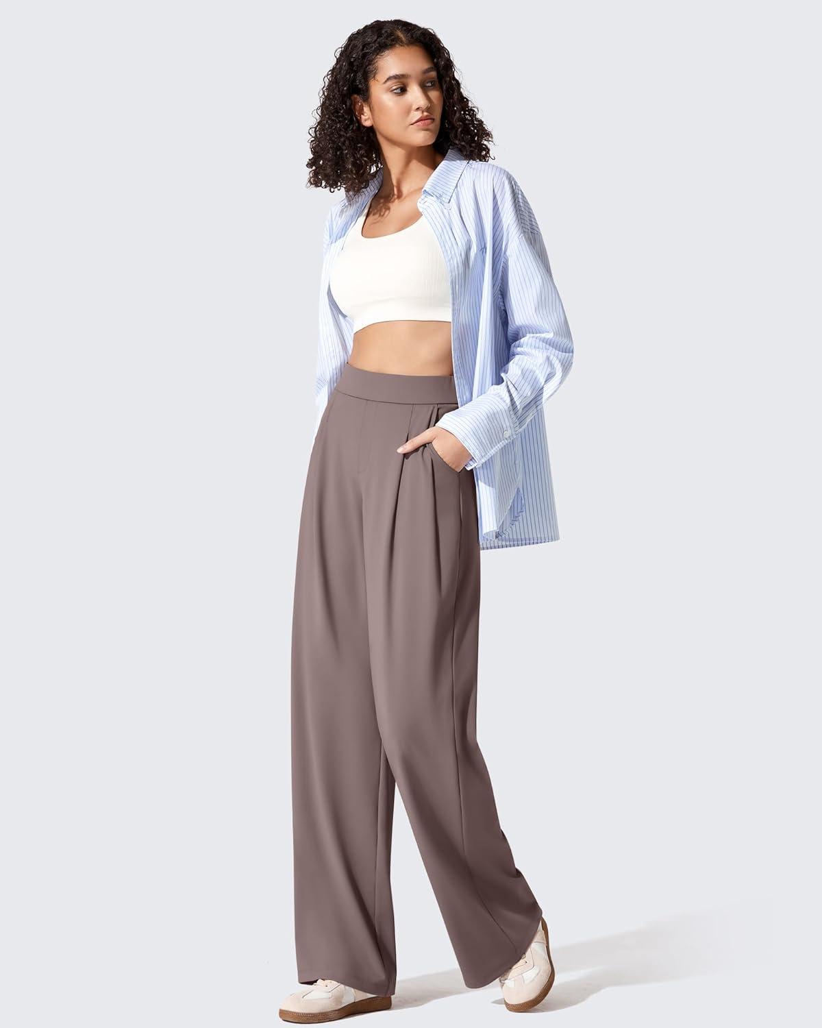 imageG4Free ShiftReady Womens Wide Leg Dress Yoga Pants with Pockets Two Front Pleated Casual Slack High Waist Work TrousersTaupe
