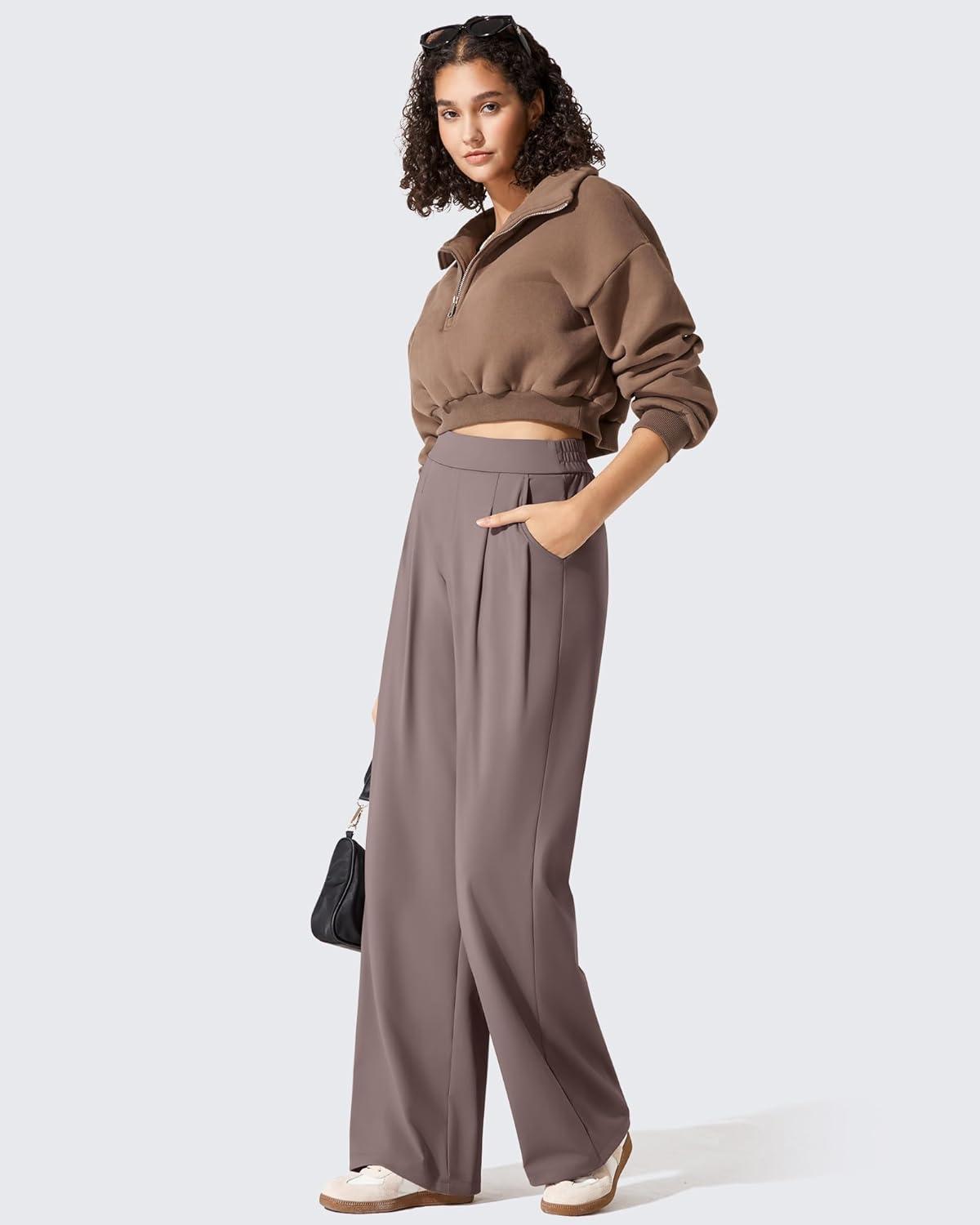 imageG4Free ShiftReady Womens Wide Leg Dress Yoga Pants with Pockets Two Front Pleated Casual Slack High Waist Work TrousersTaupe