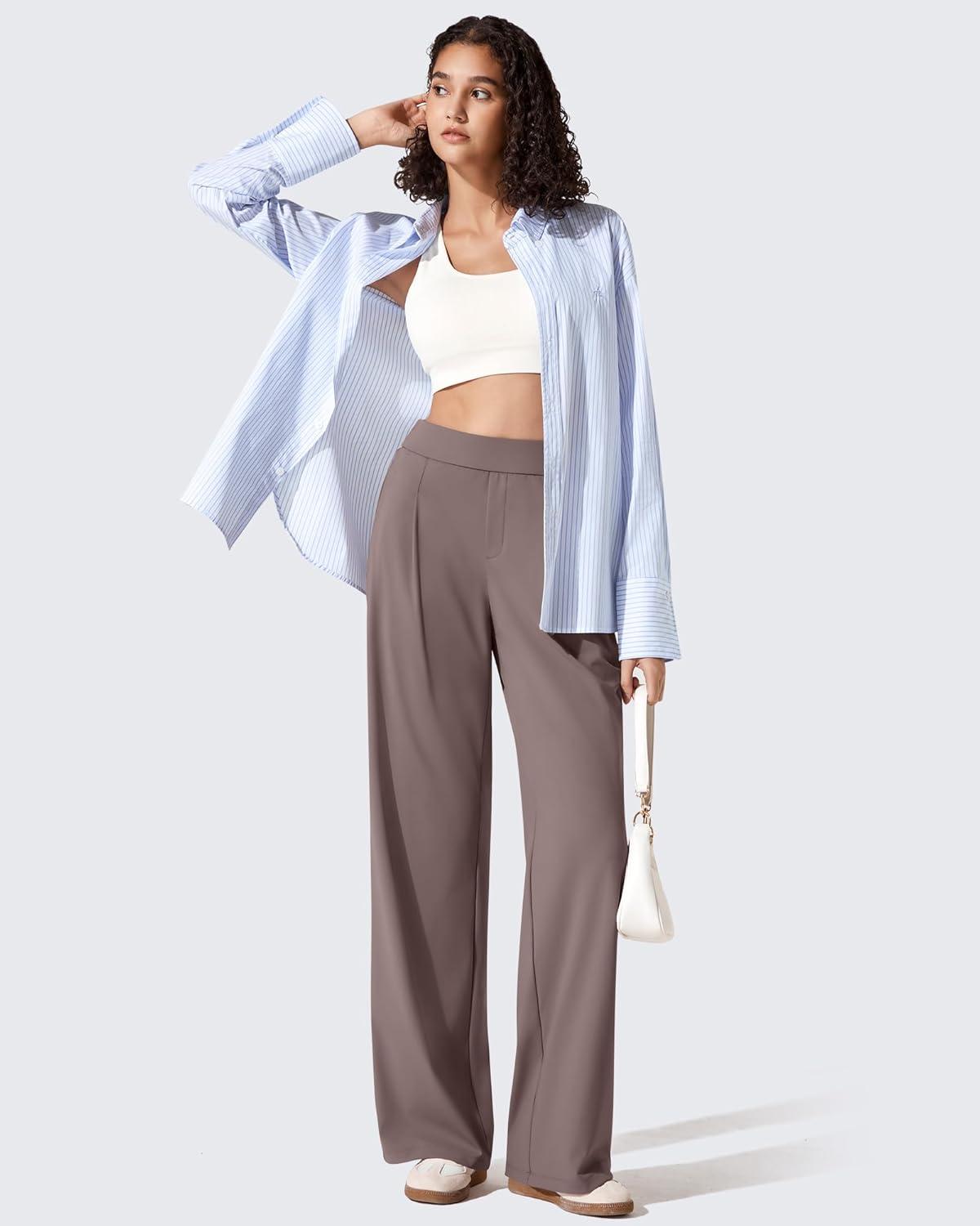 imageG4Free ShiftReady Womens Wide Leg Dress Yoga Pants with Pockets Two Front Pleated Casual Slack High Waist Work TrousersTaupe
