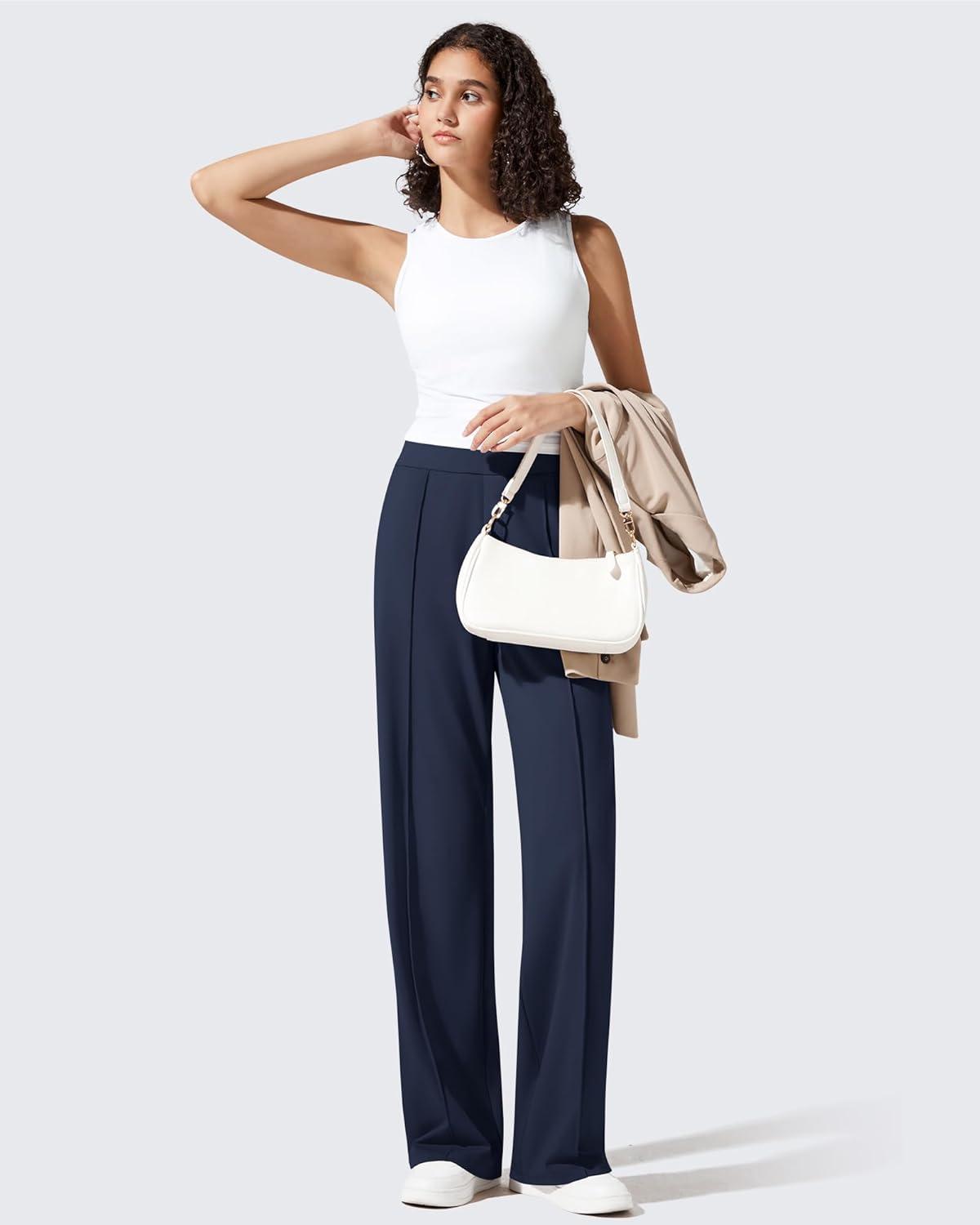 imageG4Free ShiftReady Womens Yoga Dress Pants with Pockets Wide Leg Business Casual Slacks High Waist Lounge TrousersDark Navy