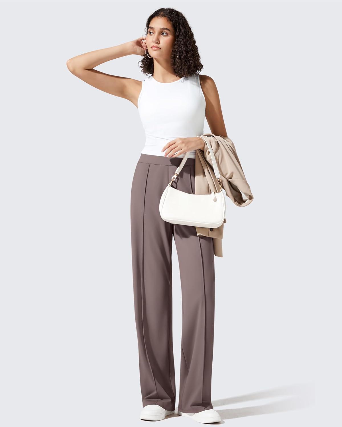 imageG4Free ShiftReady Womens Yoga Dress Pants with Pockets Wide Leg Business Casual Slacks High Waist Lounge TrousersTaupe
