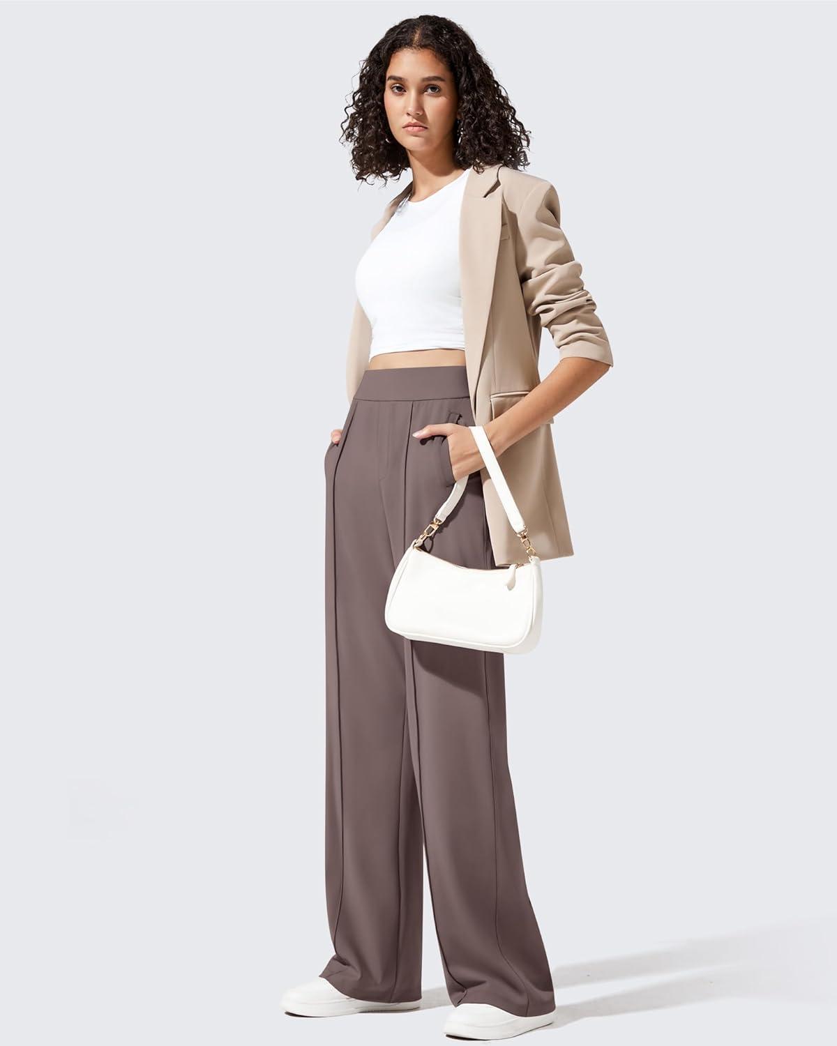 imageG4Free ShiftReady Womens Yoga Dress Pants with Pockets Wide Leg Business Casual Slacks High Waist Lounge TrousersTaupe