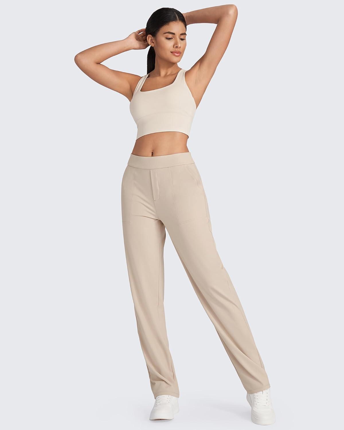 imageG4Free ShiftReady Yoga Pants Women High Waist Dress Work Pants with Pockets Straight Leg Business Casual Trousers 28quot30quot32quotLight Khaki