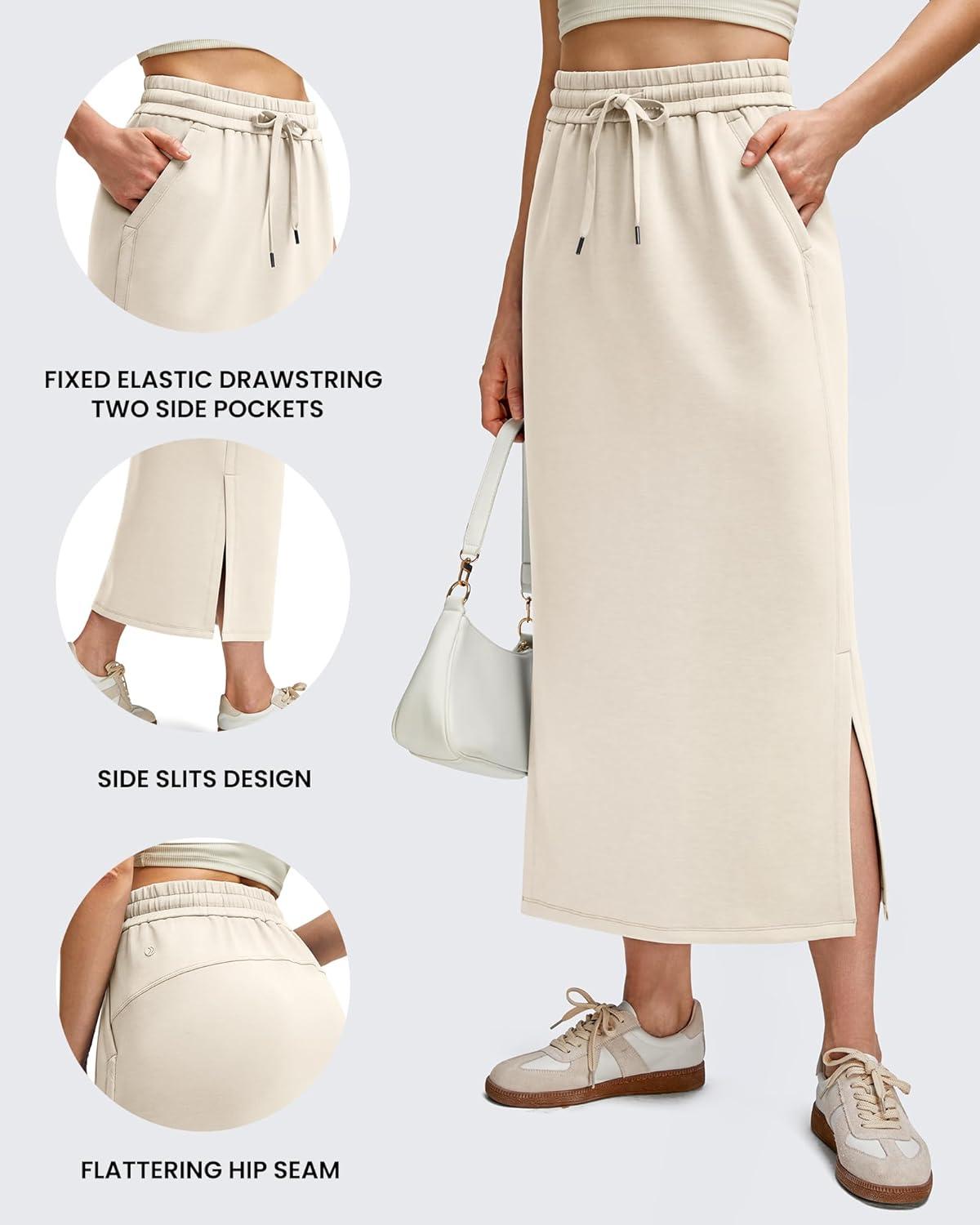 imageG4Free Smoofit Maxi Skirt for Women Modal Soft Drawstring Fall Casual Long Skirts Side Slits Lounge with 2 PocketsIvory