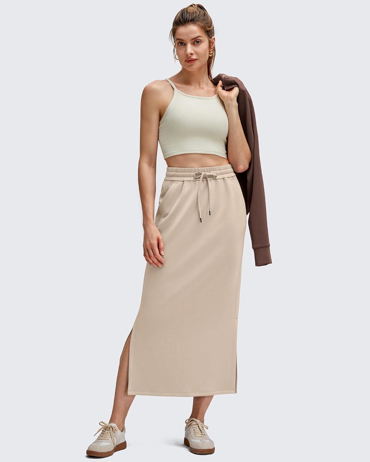 imageG4Free Smoofit Maxi Skirt for Women Modal Soft Drawstring Fall Casual Long Skirts Side Slits Lounge with 2 PocketsLight Khaki