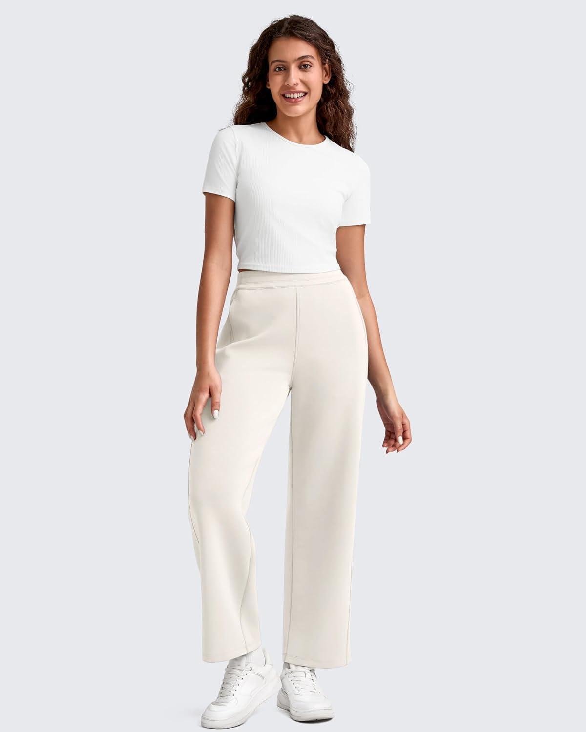 imageG4Free Smoofit Modal Soft 24quot26quot28quot Wide Leg Ankle Sweatpants for Women Elastic Waist 78 Length Golf Casual PantsIvory